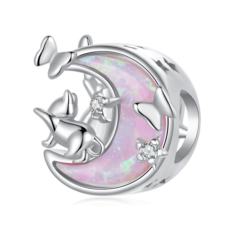 4234 Pink Opal Moon Cat Charms 925 Sterling Silver Charms Pendant Fits